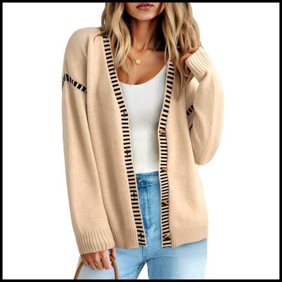 Oversized V-Neck Cardigan Sweater, Button Front, Striped Trim, Fall Winter - Picture 1 of 7